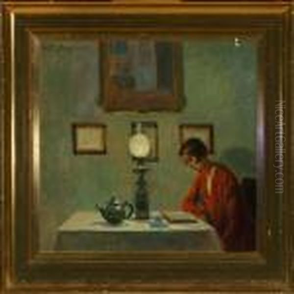 Interior With Woman Reading By The Soft Glow From The Oil Lamp Oil Painting by Poul Friis Nybo