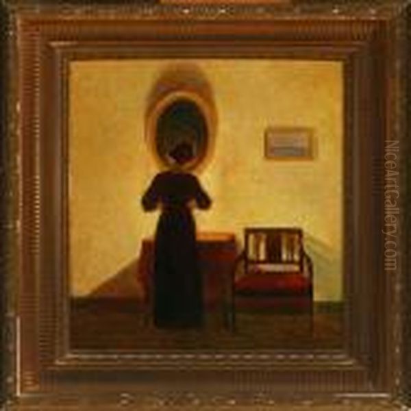 Interior With Woman By Mirror Oil Painting by Poul Friis Nybo