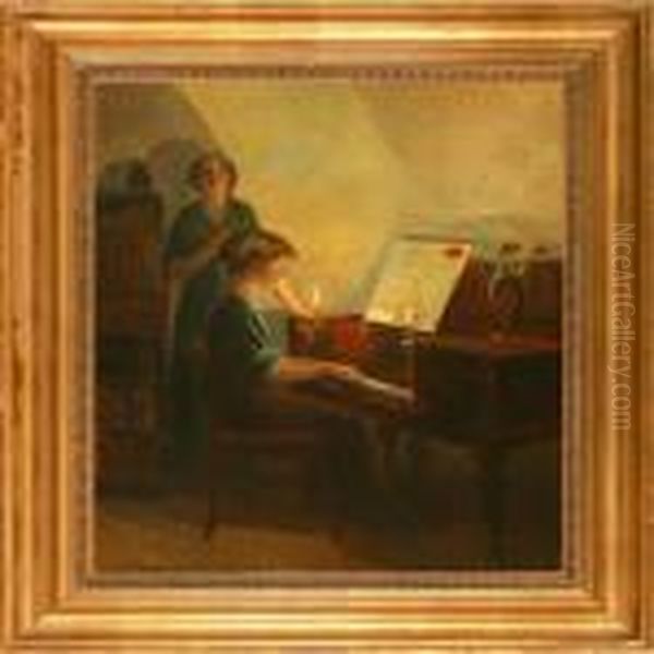 Interior With Two Women At A Piano Oil Painting by Poul Friis Nybo