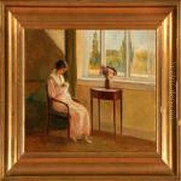 Interior Med Kvinde Ved Vinduet Oil Painting by Poul Friis Nybo