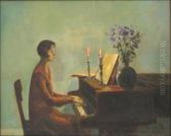 Lady At The Piano Oil Painting by Poul Friis Nybo