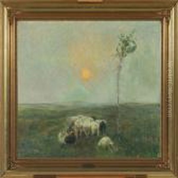 Impressionistic Scenery With A Herd Of Sheep Oil Painting by Poul Friis Nybo