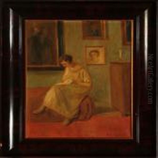 An Interior With A Sewing Woman Oil Painting by Poul Friis Nybo