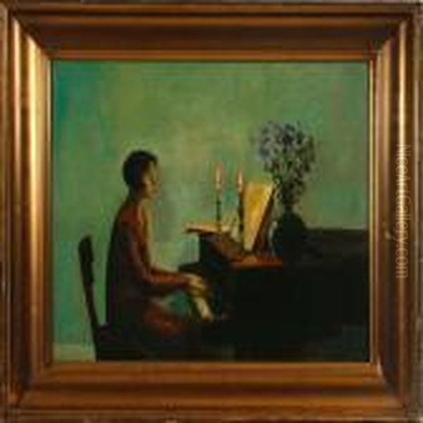 An Interior Scenerywith A Pianoplaying Woman Oil Painting by Poul Friis Nybo