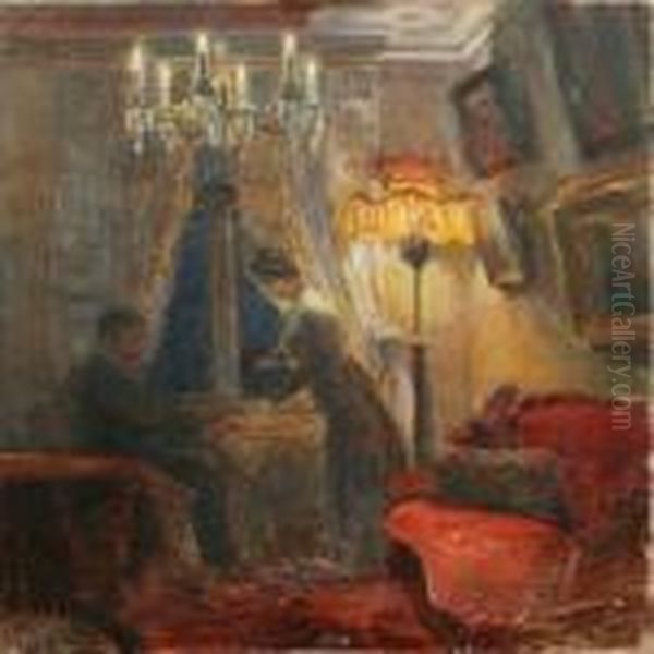 Interior With Persons Oil Painting by Poul Friis Nybo