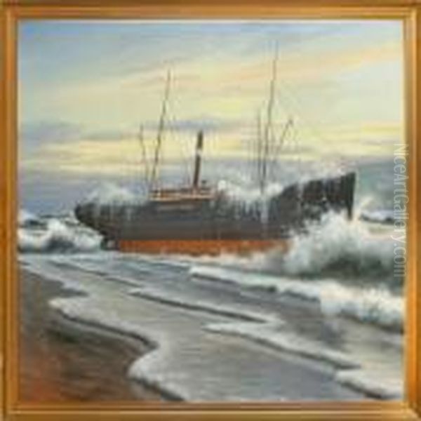 S/s Skialm Hvide Of Copenhagenis
 Stranded Off The Danish Coast Of Vorupor October 26 1906 Oil Painting by Poul Friis Nybo