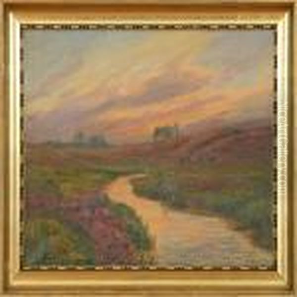 Sunset With A Heather Landscape Oil Painting by Poul Friis Nybo