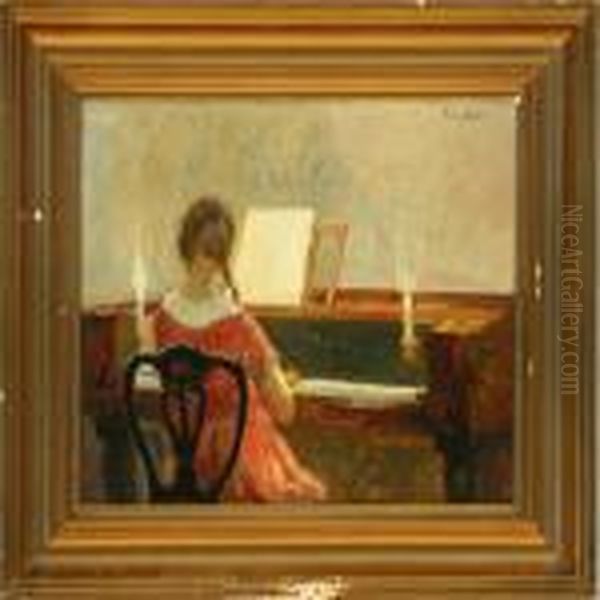 Interior With A Girl Playing Piano Oil Painting by Poul Friis Nybo