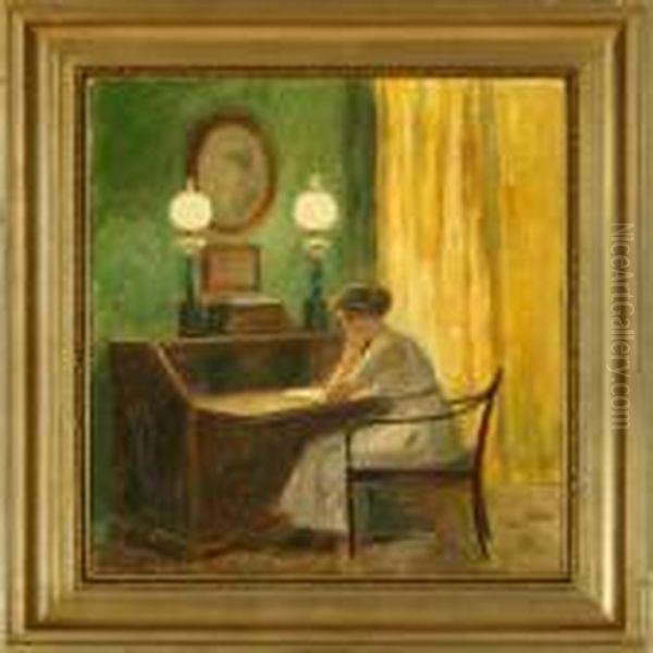 An Interior With A Woman Reading At A Bureau Oil Painting by Poul Friis Nybo