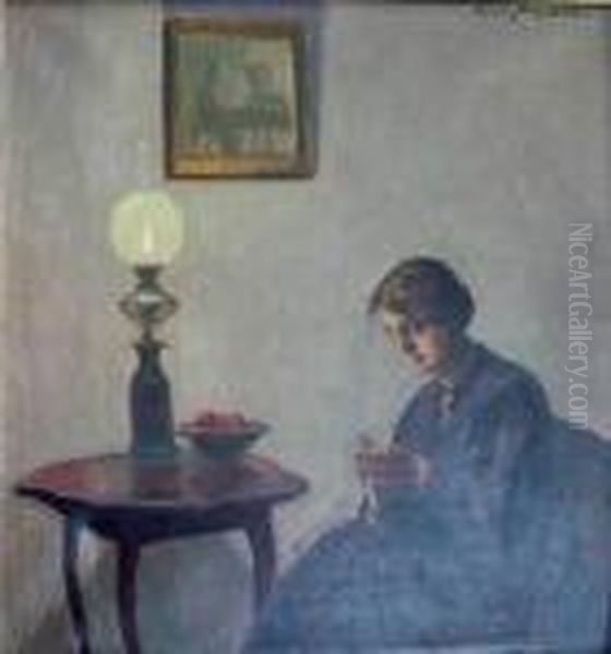 Woman Knitting Oil Painting by Poul Friis Nybo