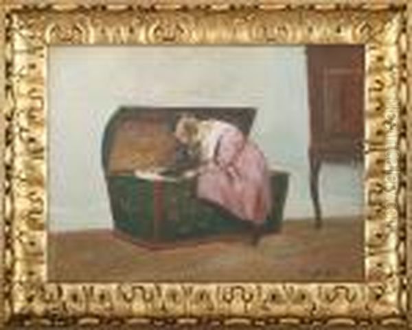 A Girl Is Nosing Into The Old Chest Oil Painting by Poul Friis Nybo