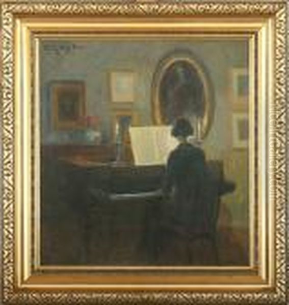 Woman By The Piano Oil Painting by Poul Friis Nybo