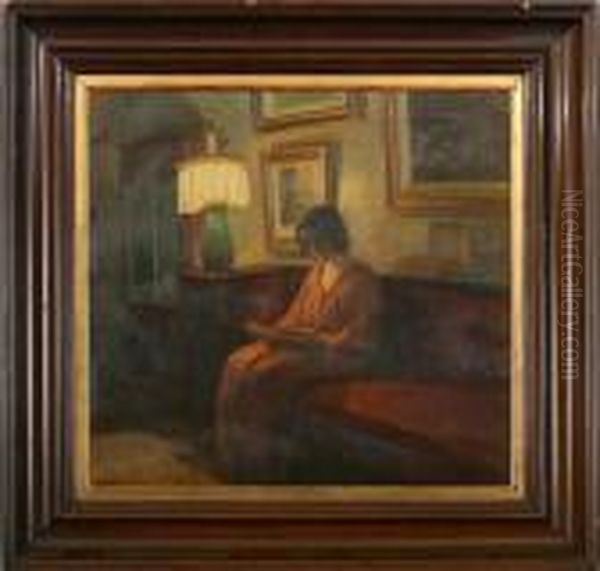 Woman Reading By The Lamplight Oil Painting by Poul Friis Nybo