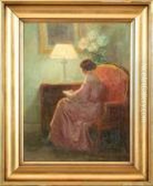 A Reading Woman By The Lamp Oil Painting by Poul Friis Nybo