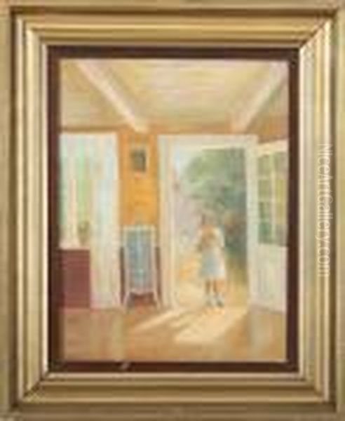 Young Girl Standing In An Open Door Oil Painting by Poul Friis Nybo