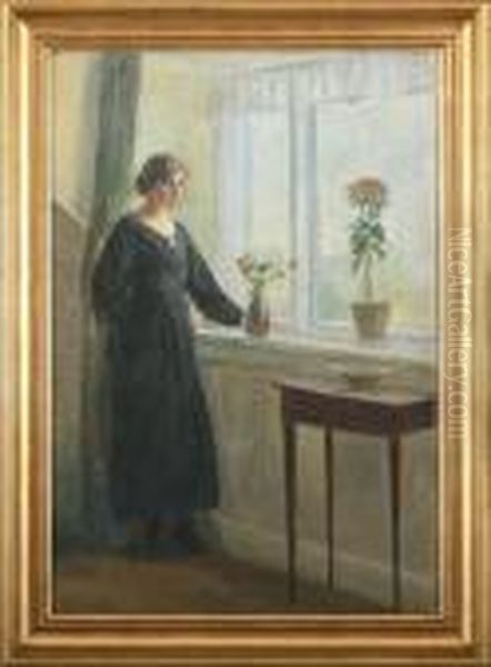 Woman Standing By A Window Oil Painting by Poul Friis Nybo