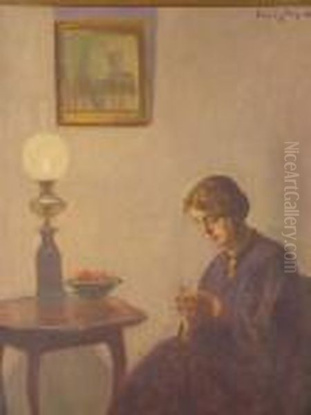 Woman Knitting In Aninterior Oil Painting by Poul Friis Nybo