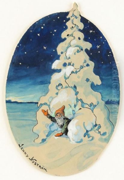 Tomte Vid Snotyngd Gran Oil Painting by Jenny Nystrom