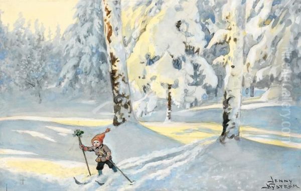 Tomtenisse Pa Skidor Oil Painting by Jenny Nystrom