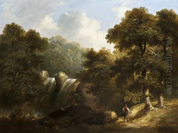 A Man Walking On A Wooded Path By A Rocky Torrent Oil Painting by James Arthur O'Connor