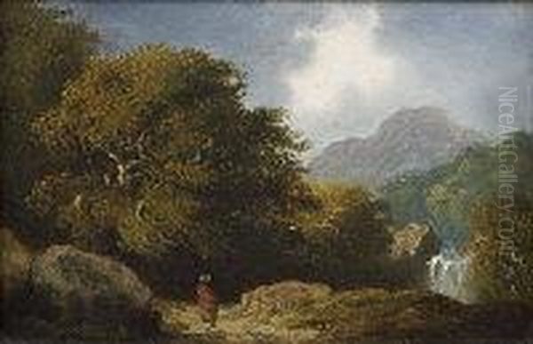 Wooded Mountain Landscape With Figure And Waterfall Oil Painting by James Arthur O'Connor