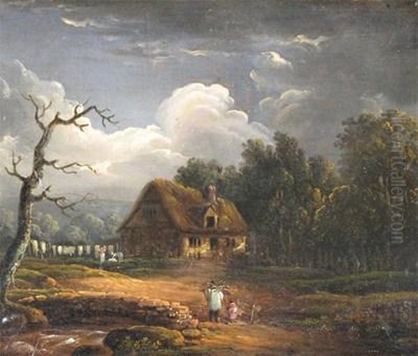 A Family Gathering Wood By A Cottage Oil Painting by James Arthur O'Connor