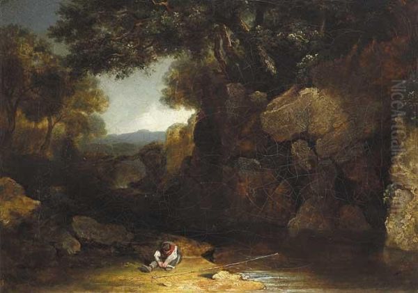 Figure Fishing By A Wooded Stream Oil Painting by James Arthur O'Connor