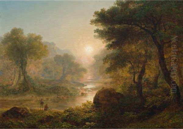 Fishing In An Irish Stream At Sunset Oil Painting by James Arthur O'Connor