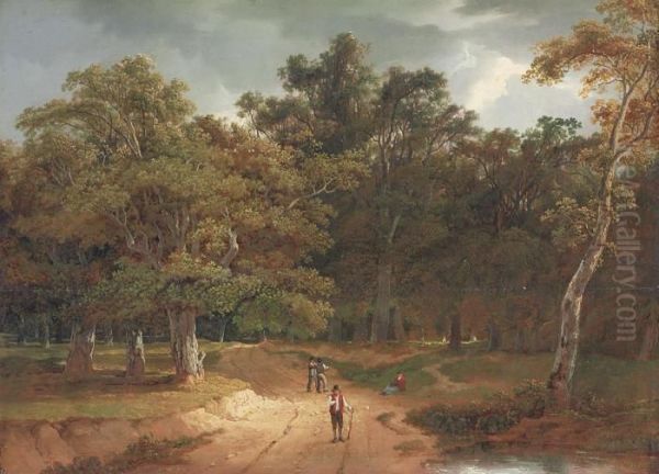 A Forest Landscape With Figures On The Path, A Woman Resting Beyond Oil Painting by James Arthur O'Connor