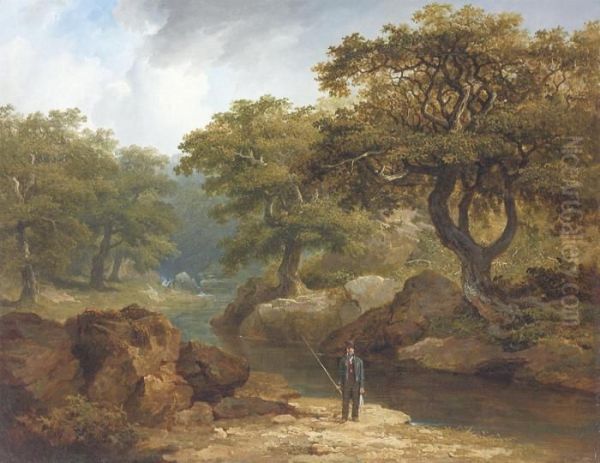 A Dargle Landscape With A Fisherman Oil Painting by James Arthur O'Connor