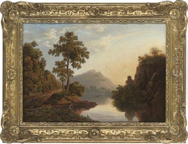 A Wooded Mountainous River Landscape With Cattle Watering Oil Painting by James Arthur O'Connor