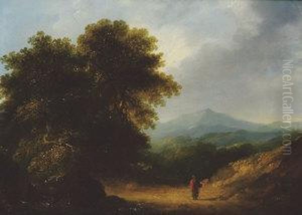 Wooded Mountain Landscape With Woman On A Roadway Oil Painting by James Arthur O'Connor