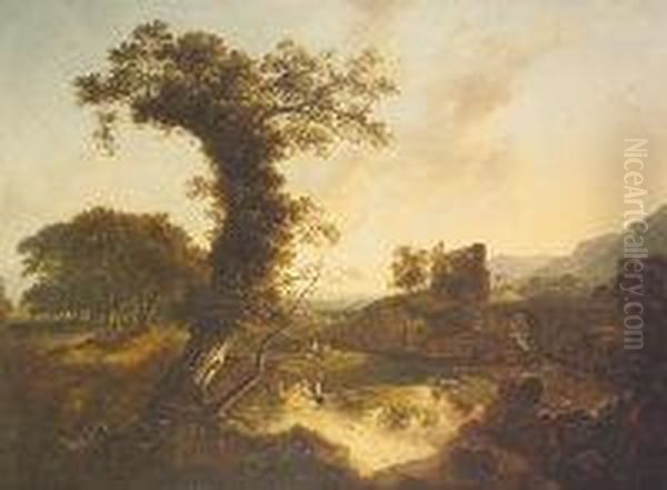 An Extensive Wooded Landscpae 
With A Milk Maid In The Foreground, A Ruin And The Coast Beyond Oil Painting by James Arthur O'Connor