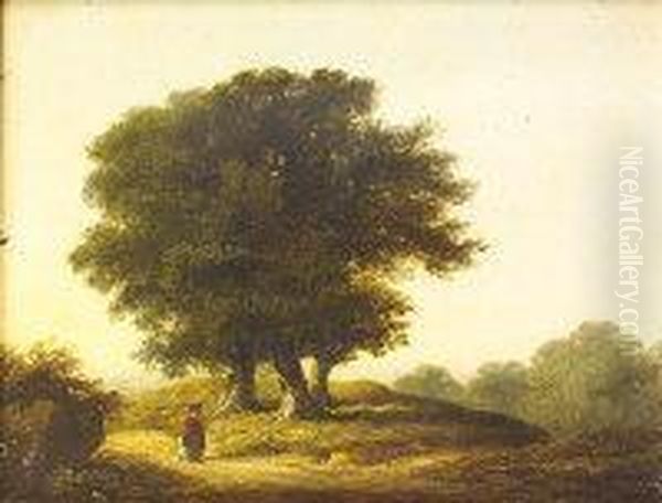 Landscape With Trees And Figures Walking Along A Lane Oil Painting by James Arthur O'Connor