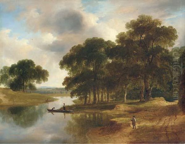 A Wooded River Landscape With A 
Figure On A Path In The Foregroundand Figures In Boats On The River 
Beyond Oil Painting by James Arthur O'Connor