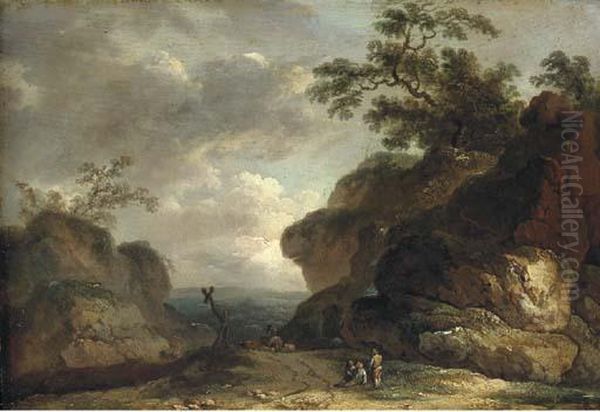 A Rocky Wooded Landscape With 
Figures By The Side Of A Track And Aherdsman And Livestock Beyond Oil Painting by James Arthur O'Connor