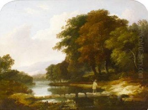 Wooded River Landscape With Figure Crossing The River Oil Painting by James Arthur O'Connor