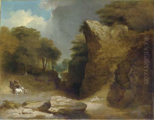 The Ford - A Mountainous River Landscape With A Figure With A Wagonand Horses At A Ford Oil Painting by James Arthur O'Connor