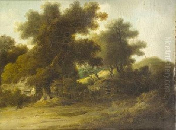 Figure And Cottages In Landscape Oil Painting by James Arthur O'Connor