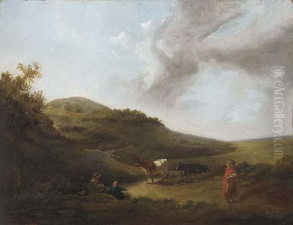 Figures And Cattle On A Hillside Track Oil Painting by James Arthur O'Connor