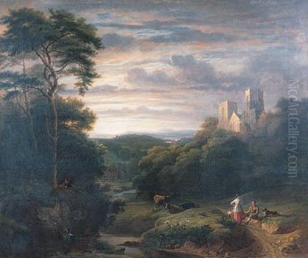 Figures Resting In A Wooded Valley With A Derelict Church On Ahilltop Oil Painting by James Arthur O'Connor