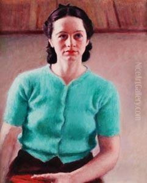 Woman In A Turquoise Cardigan Oil Painting by Roderic O'Conor