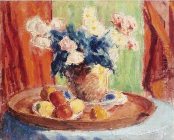 Still Life With Vase Of Flowers And Fruit On A Tray Oil Painting by Roderic O'Conor