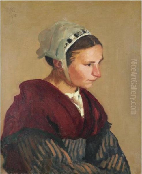 Jeune Bretonne (breton Girl In A Red Shawl) Oil Painting by Roderic O'Conor