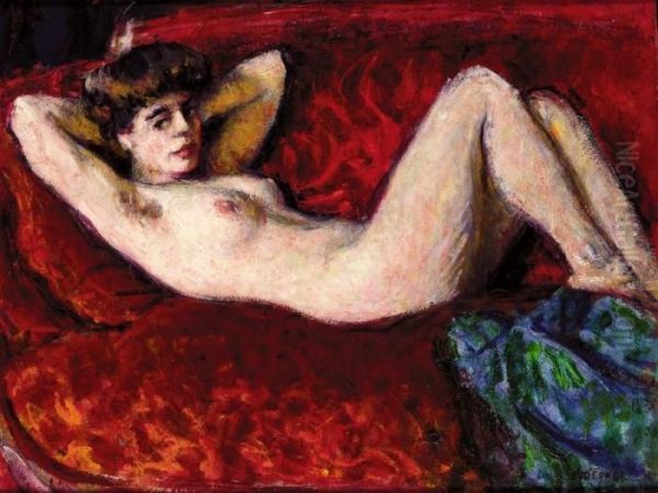 Jeune Fille Allongee Sur Le Divan Rouge Oil Painting by Roderic O'Conor