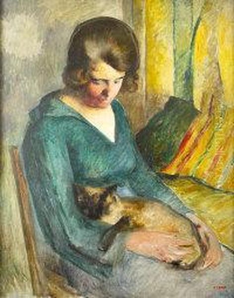 Femme Assise Avec Chat Sur Ses Genoux Oil Painting by Roderic O'Conor