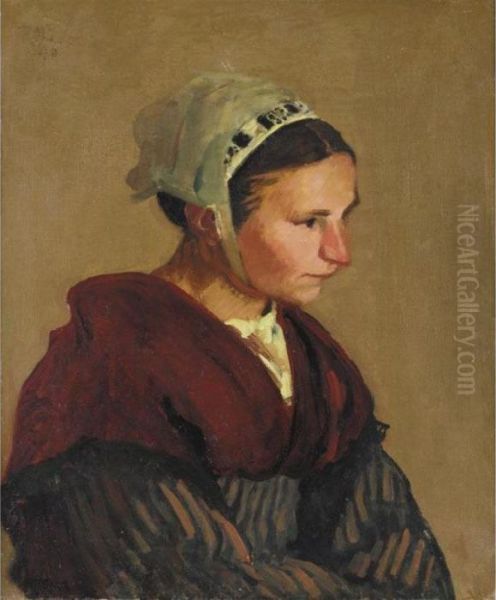 Breton Girl In A Red Shawl Oil Painting by Roderic O'Conor