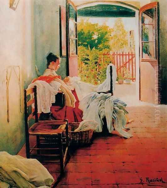 Mujer cosiendo Oil Painting by Santiago Rusinol i Prats