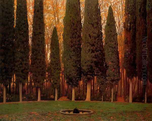 Jardín con cipreses Oil Painting by Santiago Rusinol i Prats