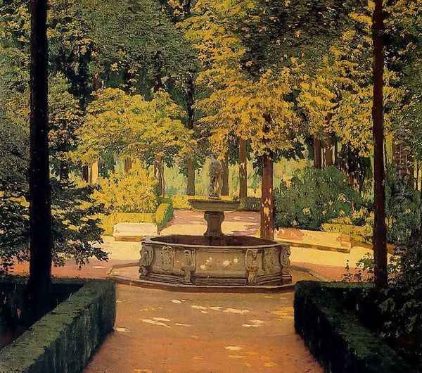 Jardín con surtidor Oil Painting by Santiago Rusinol i Prats